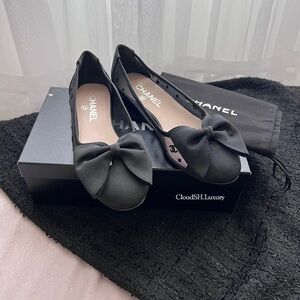 Auth Chanel Black Mesh CC Logo Bow Ballerina Flats - Size 37.5